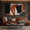 Square Mid-Century abstract canvas wall art featuring ochre, sage green, charcoal, and cream geometric shapes with a contemporary minimalist design.