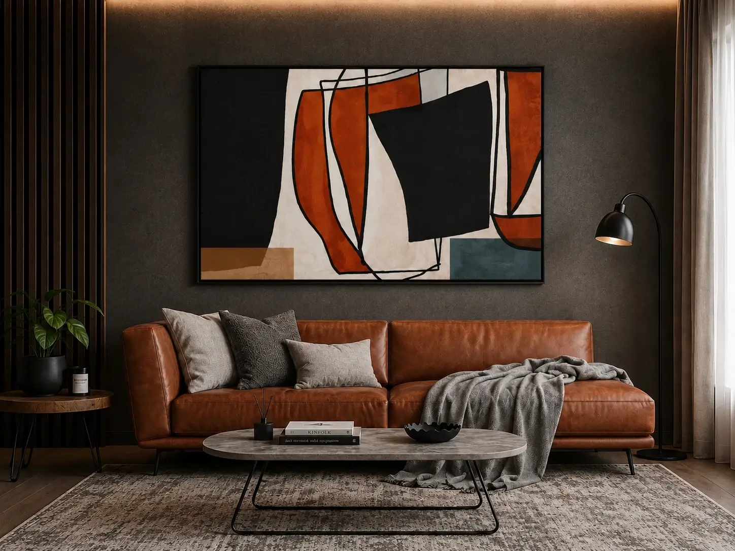 Square Mid-Century abstract canvas wall art featuring ochre, sage green, charcoal, and cream geometric shapes with a contemporary minimalist design.