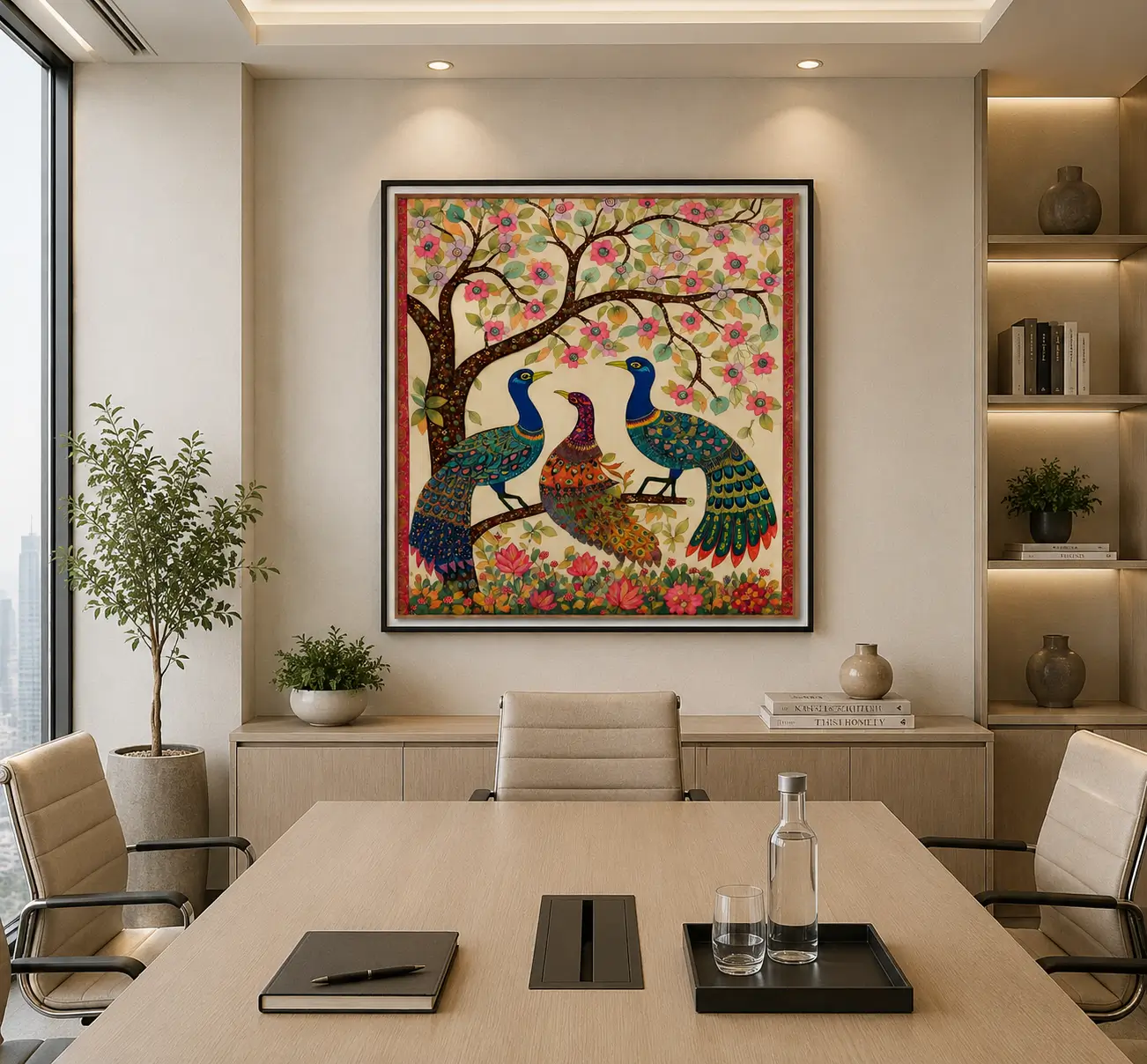 Traditional Indian Madhubani Three Royal Peacocks premium canvas wall art featuring flowering branches, cherry blossoms, lotus flowers, and authentic Mithila folk painting details.
