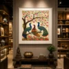 Traditional Indian Madhubani Three Royal Peacocks premium canvas wall art featuring flowering branches, cherry blossoms, lotus flowers, and authentic Mithila folk painting details.