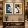 Luxury Cubist diptych canvas wall art featuring two abstract geometric portraits in teal, ochre, terracotta, cream, and charcoal tones.