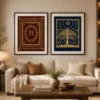 Luxury Warli diptych wall art featuring a traditional Tarpa dance, celestial Tree of Life, terracotta and indigo panels, and premium black gallery frames.