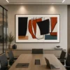 Square Mid-Century abstract canvas wall art featuring ochre, sage green, charcoal, and cream geometric shapes with a contemporary minimalist design.
