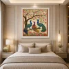 Traditional Indian Madhubani Three Royal Peacocks premium canvas wall art featuring flowering branches, cherry blossoms, lotus flowers, and authentic Mithila folk painting details.