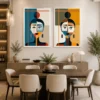 Luxury Cubist diptych canvas wall art featuring two abstract geometric portraits in teal, ochre, terracotta, cream, and charcoal tones.