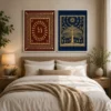 Luxury Warli diptych wall art featuring a traditional Tarpa dance, celestial Tree of Life, terracotta and indigo panels, and premium black gallery frames.