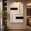 Modern black and cream geometric abstract canvas wall art featuring architectural blocks and textured minimalist design.