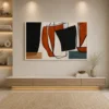 Square Mid-Century abstract canvas wall art featuring ochre, sage green, charcoal, and cream geometric shapes with a contemporary minimalist design.