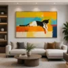 Luxury abstract cat canvas wall art featuring a relaxed calico cat with vibrant colour-block textures and contemporary artistic detailing.