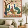 Traditional Indian Madhubani Three Royal Peacocks premium canvas wall art featuring flowering branches, cherry blossoms, lotus flowers, and authentic Mithila folk painting details.