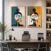Luxury Cubist diptych canvas wall art featuring two abstract geometric portraits in teal, ochre, terracotta, cream, and charcoal tones.