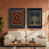 Luxury Warli diptych wall art featuring a traditional Tarpa dance, celestial Tree of Life, terracotta and indigo panels, and premium black gallery frames.