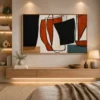 Square Mid-Century abstract canvas wall art featuring ochre, sage green, charcoal, and cream geometric shapes with a contemporary minimalist design.