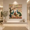 Traditional Indian Madhubani Three Royal Peacocks premium canvas wall art featuring flowering branches, cherry blossoms, lotus flowers, and authentic Mithila folk painting details.