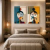 Luxury Cubist diptych canvas wall art featuring two abstract geometric portraits in teal, ochre, terracotta, cream, and charcoal tones.