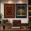 Luxury Warli diptych wall art featuring a traditional Tarpa dance, celestial Tree of Life, terracotta and indigo panels, and premium black gallery frames.
