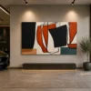 Square Mid-Century abstract canvas wall art featuring ochre, sage green, charcoal, and cream geometric shapes with a contemporary minimalist design.