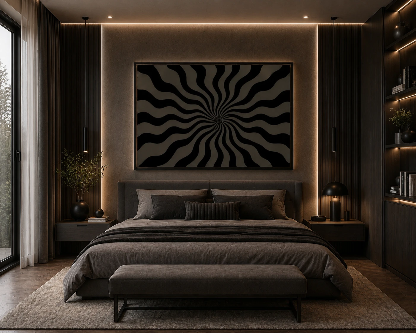 Square optical illusion canvas wall art featuring a vibrant rainbow spiral with geometric patterns creating a striking three-dimensional effect.