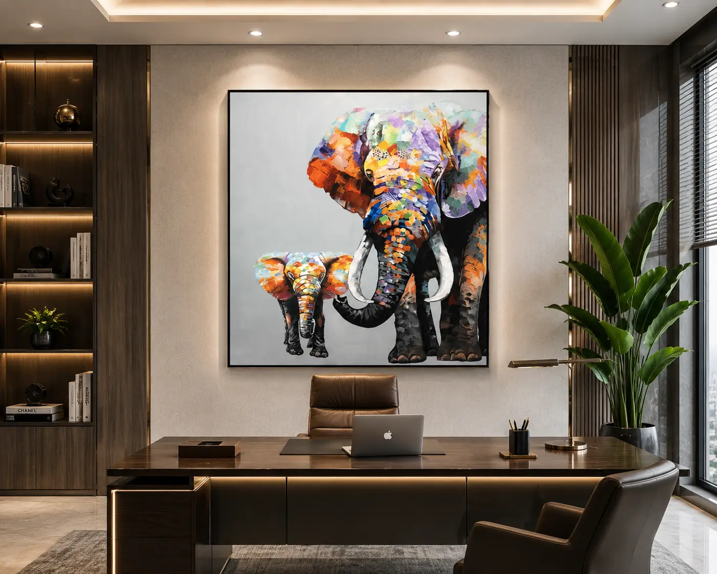 Luxury colourful elephant family canvas wall art featuring vibrant impasto textures and contemporary abstract wildlife design.