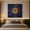 Luxury four-panel Warli canvas wall art featuring a geometric mandala, traditional Indian village life, metallic gold tribal illustrations, and a royal indigo blue background.