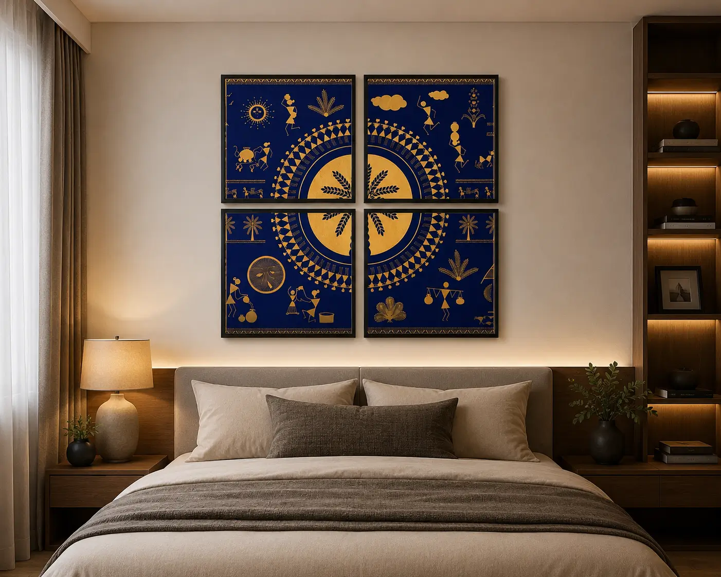 Luxury four-panel Warli canvas wall art featuring a geometric mandala, traditional Indian village life, metallic gold tribal illustrations, and a royal indigo blue background.