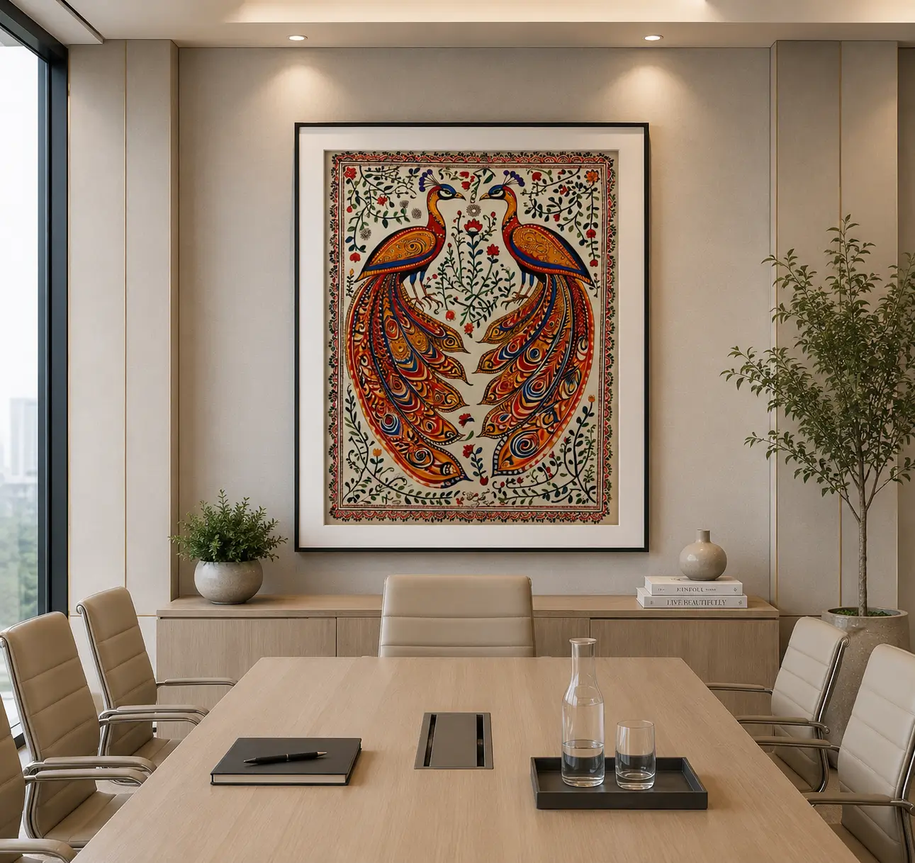 Traditional Indian Madhubani Twin Royal Peacocks Wall Art | Premium Canvas Print