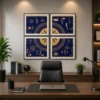 Luxury four-panel Warli canvas wall art featuring a geometric mandala, traditional Indian village life, metallic gold tribal illustrations, and a royal indigo blue background.