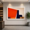 Square Mid-Century abstract canvas wall art featuring terracotta, olive green, charcoal, and cream geometric shapes with an organic contemporary design.
