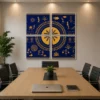 Luxury four-panel Warli canvas wall art featuring a geometric mandala, traditional Indian village life, metallic gold tribal illustrations, and a royal indigo blue background.