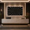 Square optical illusion canvas wall art featuring a vibrant rainbow spiral with geometric patterns creating a striking three-dimensional effect.