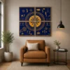 Luxury four-panel Warli canvas wall art featuring a geometric mandala, traditional Indian village life, metallic gold tribal illustrations, and a royal indigo blue background.