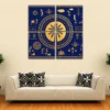 Luxury four-panel Warli canvas wall art featuring a geometric mandala, traditional Indian village life, metallic gold tribal illustrations, and a royal indigo blue background.