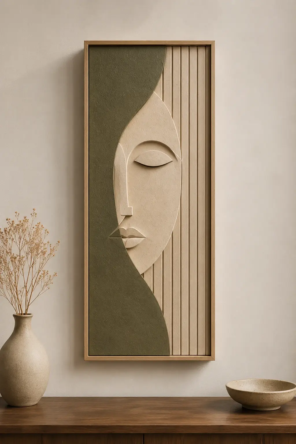 Serene Contour Relief Wall Art featuring a textured abstract female face in warm beige and olive green tones with elegant 3D sculptural detailing.