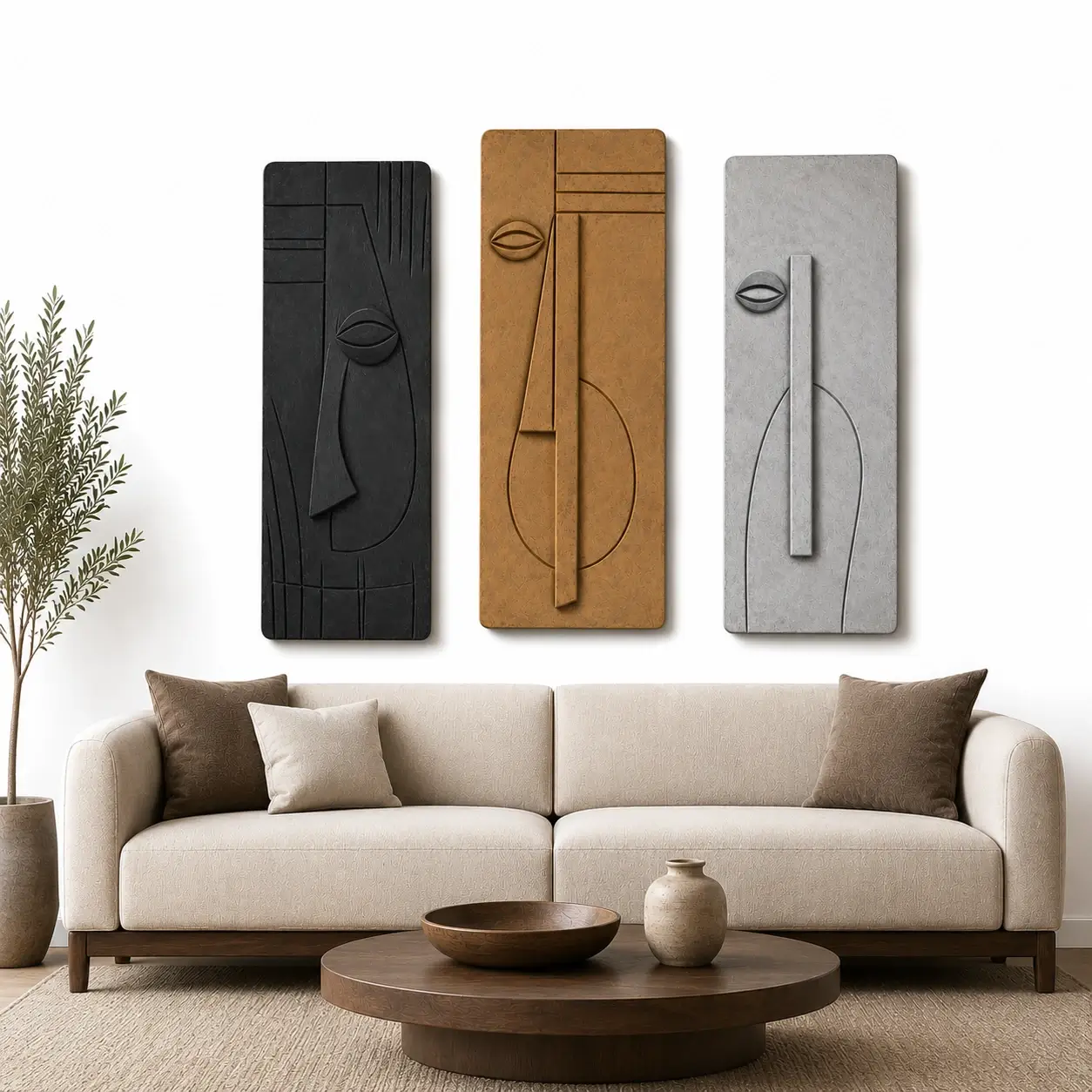 Cubist Horizon Triptych Wall Art featuring three textured abstract face panels in charcoal, terracotta, and concrete grey with sculptural geometric detailing.