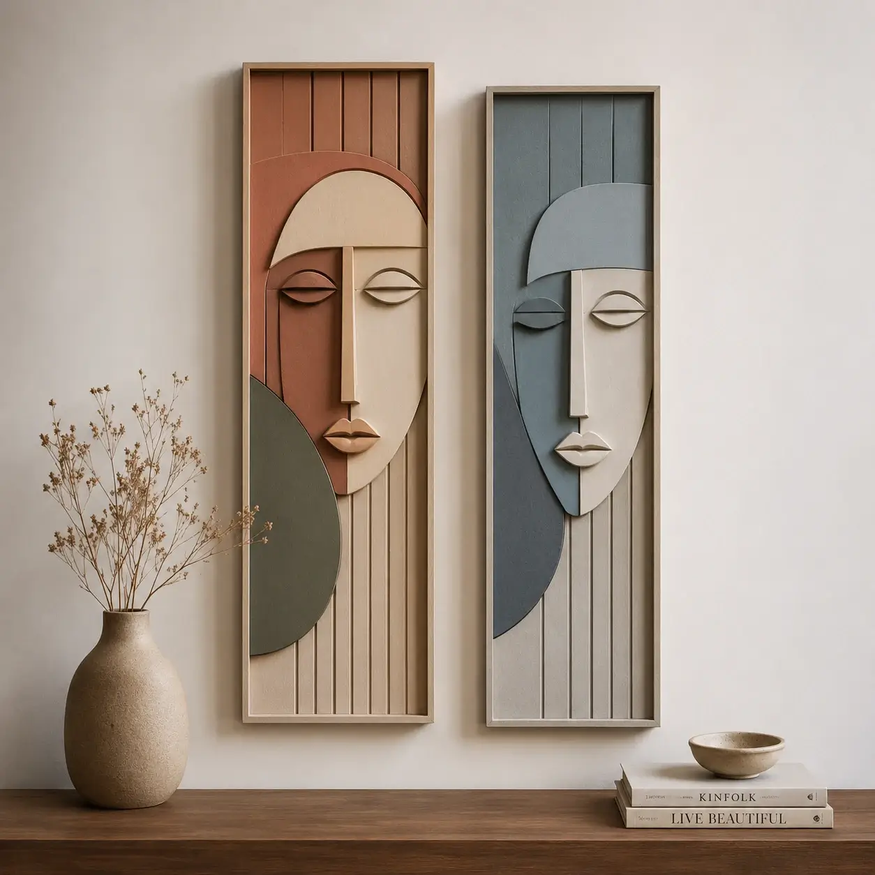 Balanced Reflections Diptych Wall Art featuring two framed abstract face panels with textured fluted detailing in terracotta, sandstone, olive green, slate blue, and concrete grey.