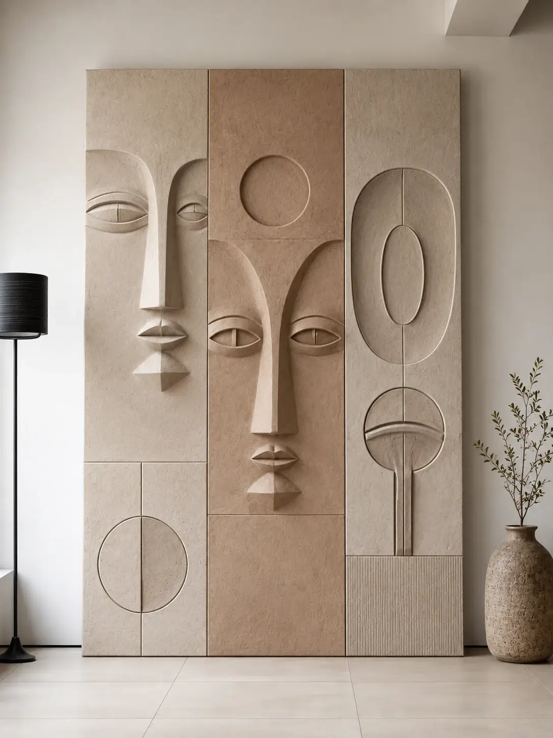Monolith Cubist Mural Wall Art featuring three textured abstract face panels in warm sandstone, oatmeal, and clay beige with architectural sculptural detailing.