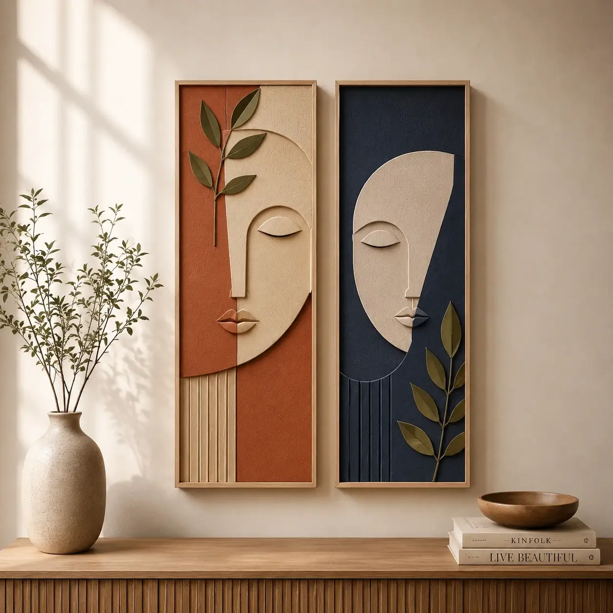 Echoes of Form Wall Art featuring textured abstract facial forms with sculptural relief in sandstone, ivory, taupe, charcoal, and muted terracotta tones.