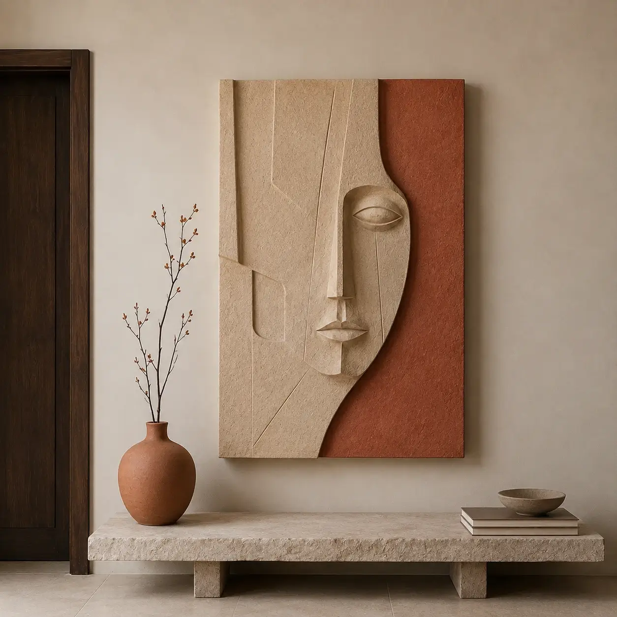 Ethereal Profile Wall Art featuring a textured abstract human portrait in ivory, sandstone, clay beige, charcoal, and warm taupe with sculptural contemporary detailing.