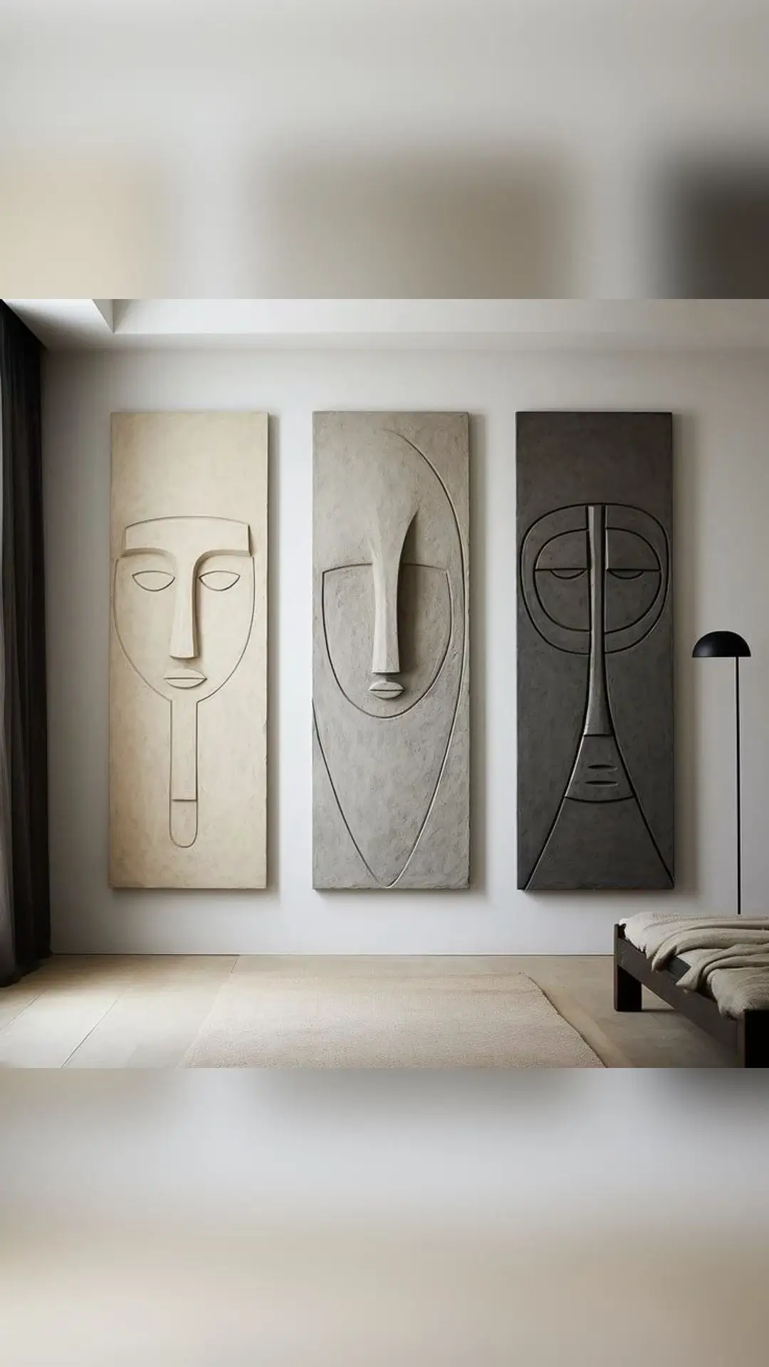 Celestial Harmony Wall Art featuring textured abstract facial forms with geometric elements in ivory, sandstone, terracotta, sage green, and charcoal tones.