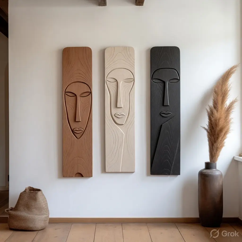 Silent Contours Wall Art featuring a textured minimalist abstract face with sculptural relief in warm ivory, sandstone, taupe, clay beige, and charcoal tones.