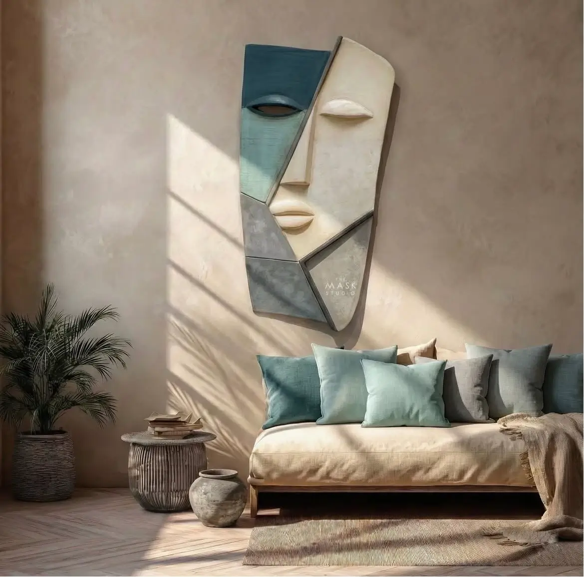 Solstice Essence Wall Art featuring a textured abstract portrait with sculptural relief, geometric forms, and warm sandstone, ivory, terracotta, olive, and charcoal tones.