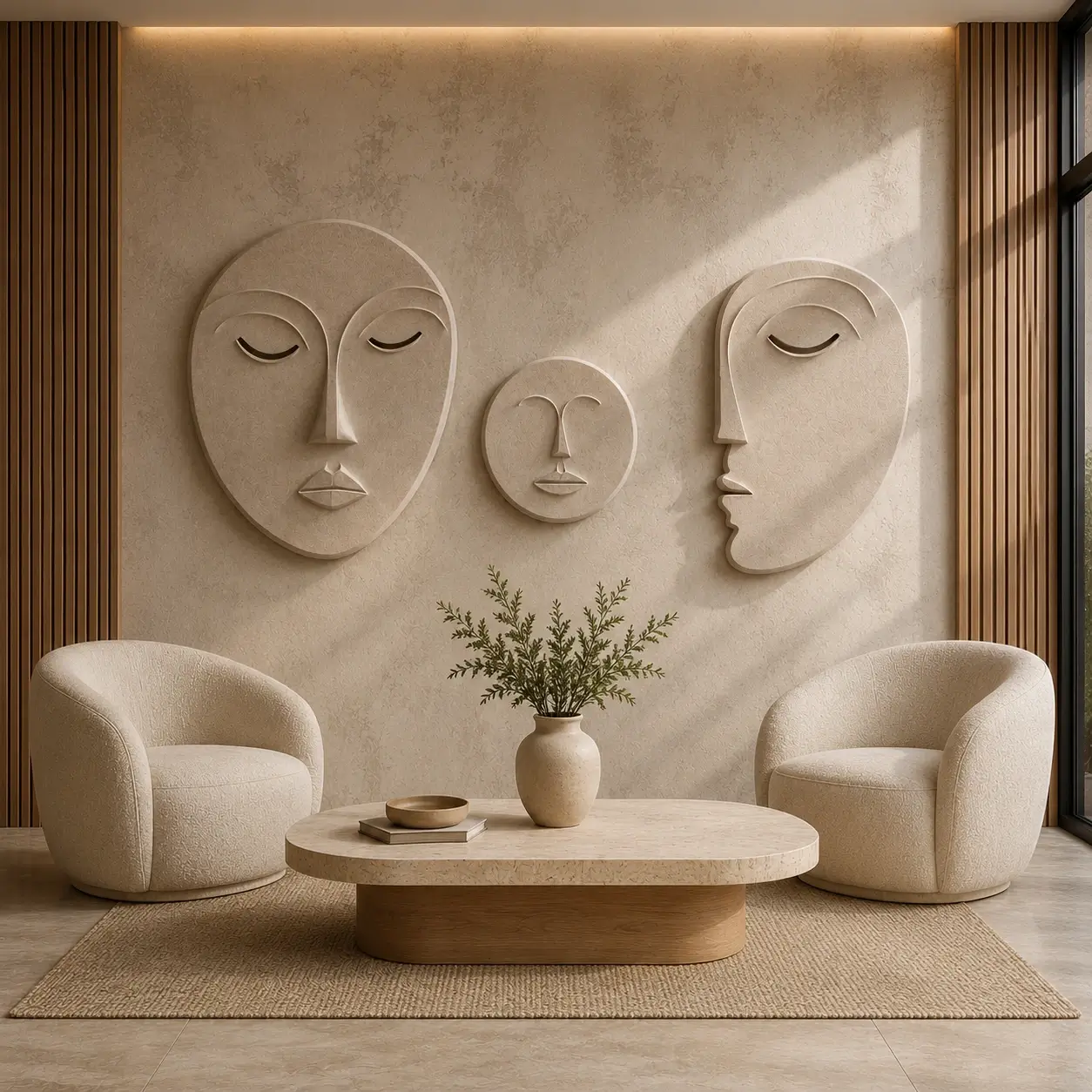 Serenity Arc Wall Art featuring a textured abstract face framed by elegant architectural arches in warm ivory, sandstone, terracotta, taupe, and charcoal tones.
