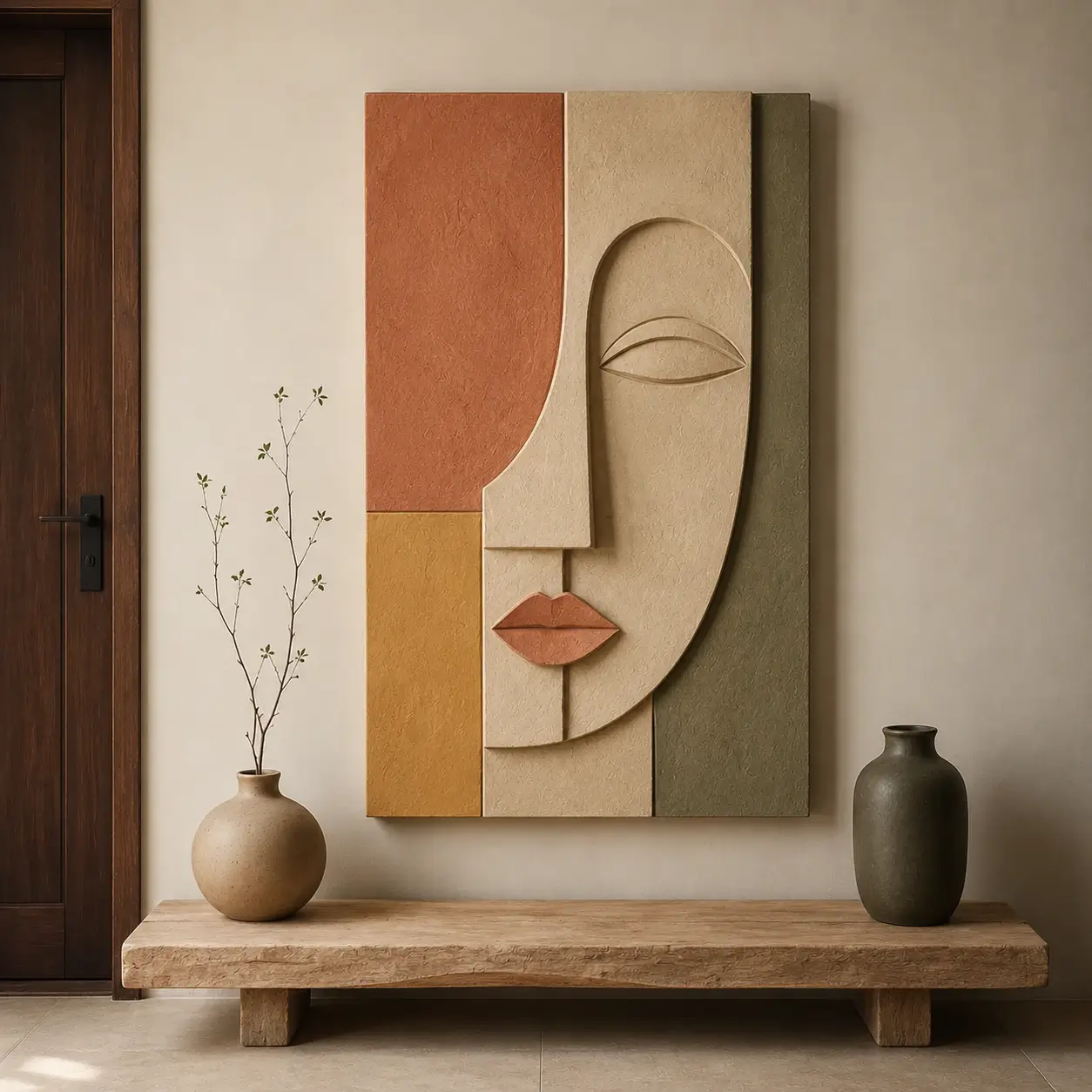 Cubist Harmony Relief Wall Art featuring a geometric abstract face with textured terracotta, mustard, sage green, and sandstone tones.