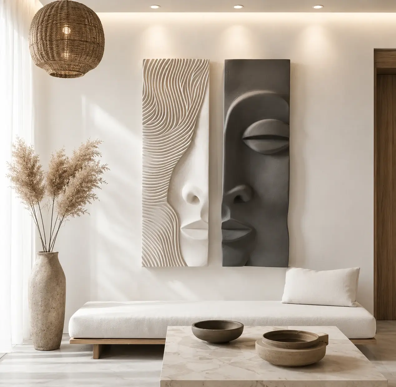 Luna Veil Wall Art featuring a textured abstract face with a large circular moon-inspired motif in warm ivory, sandstone, clay beige, charcoal, and earth tones.