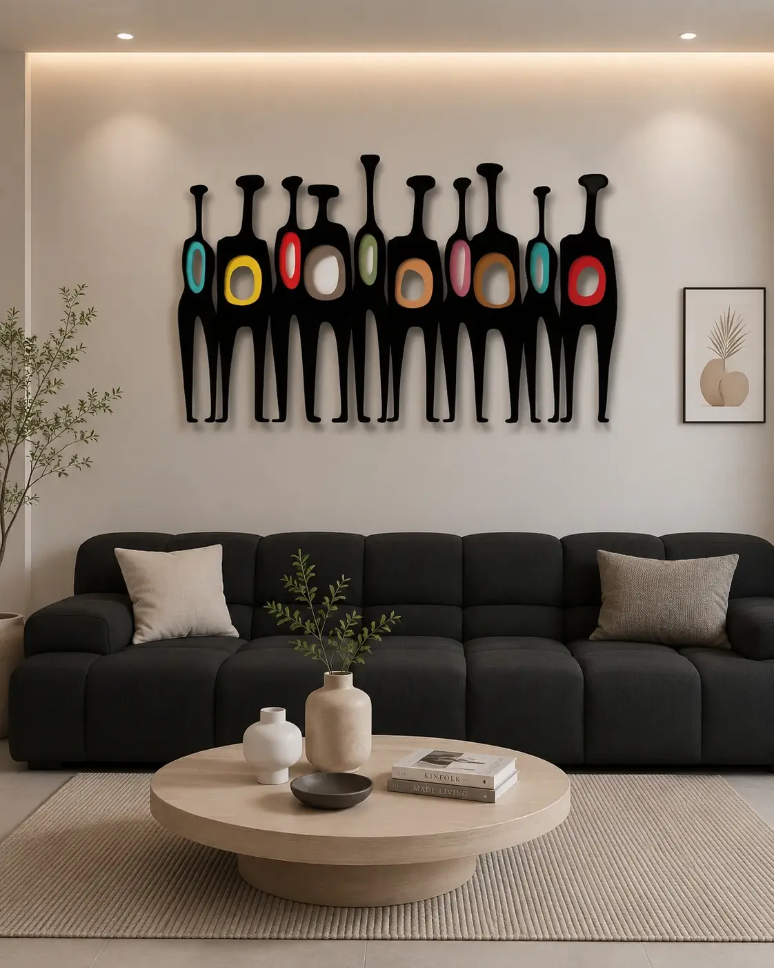 Aura Nexus Wall Art featuring a textured abstract face with geometric circular elements in warm ivory, sandstone, terracotta, olive green, and charcoal tones.