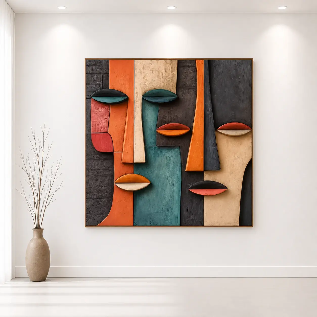 Infinite Muse Wall Art featuring a textured abstract female portrait with sculptural relief in warm ivory, sandstone, terracotta, taupe, and charcoal tones.