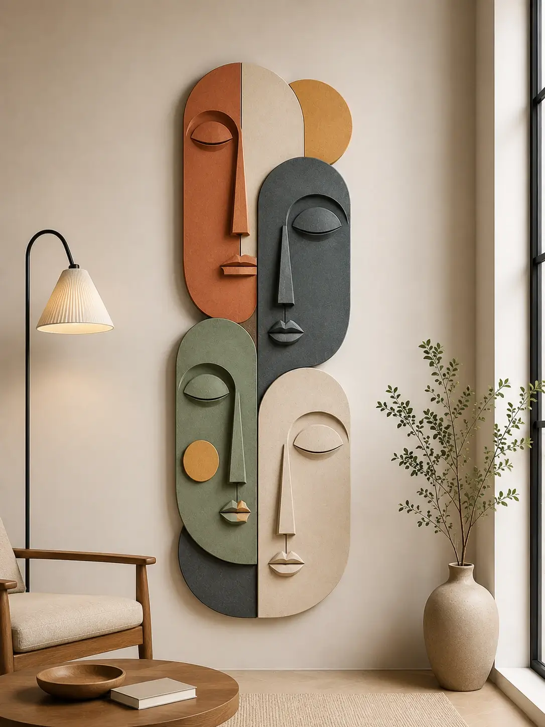 Unity Forms Vertical Wall Art featuring four interlocking abstract faces with textured relief in terracotta, charcoal, sage green, and sandstone tones.
