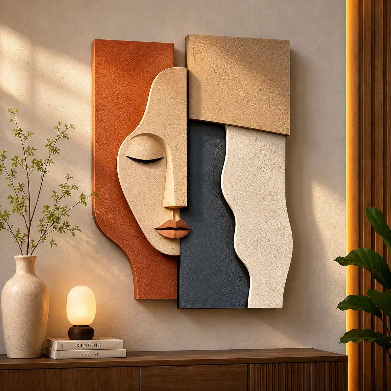 Architectural Silhouette Relief Wall Art featuring a textured abstract female face surrounded by layered geometric forms in terracotta, sandstone, charcoal, and cream tones.