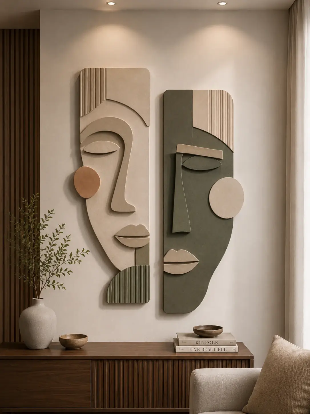 Dual Essence Sculptural Wall Art featuring a two-piece textured abstract face design in sandstone beige and olive green with contemporary geometric relief details.