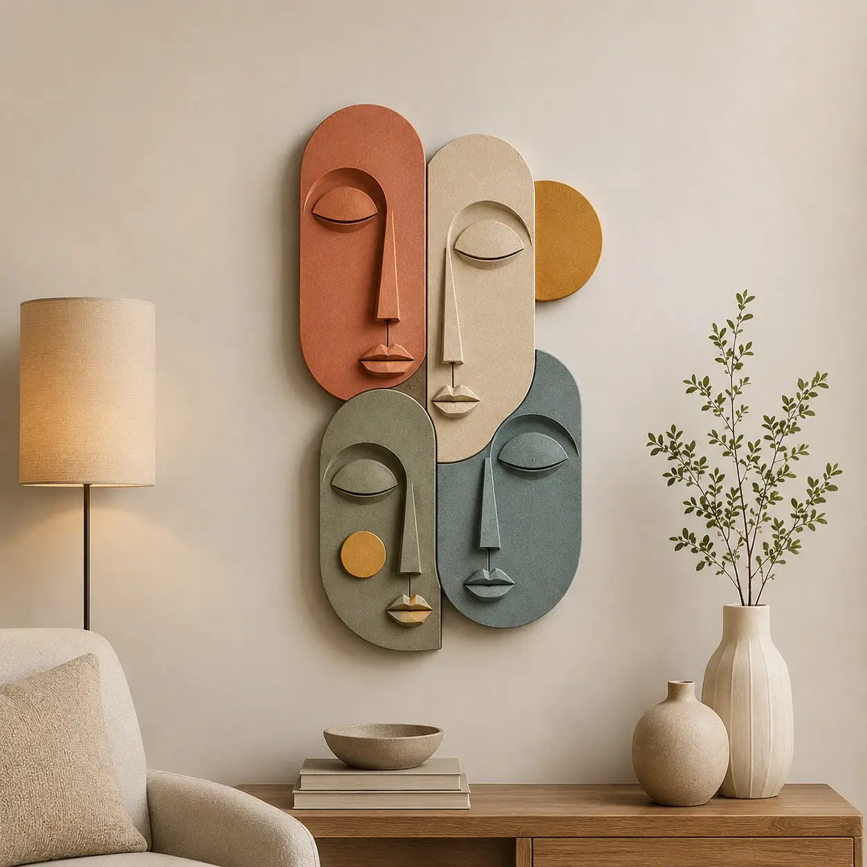 Connected Expressions Wall Art featuring four interconnected abstract faces with premium textured relief in terracotta, sage green, dusty blue, ochre, and sandstone tones.